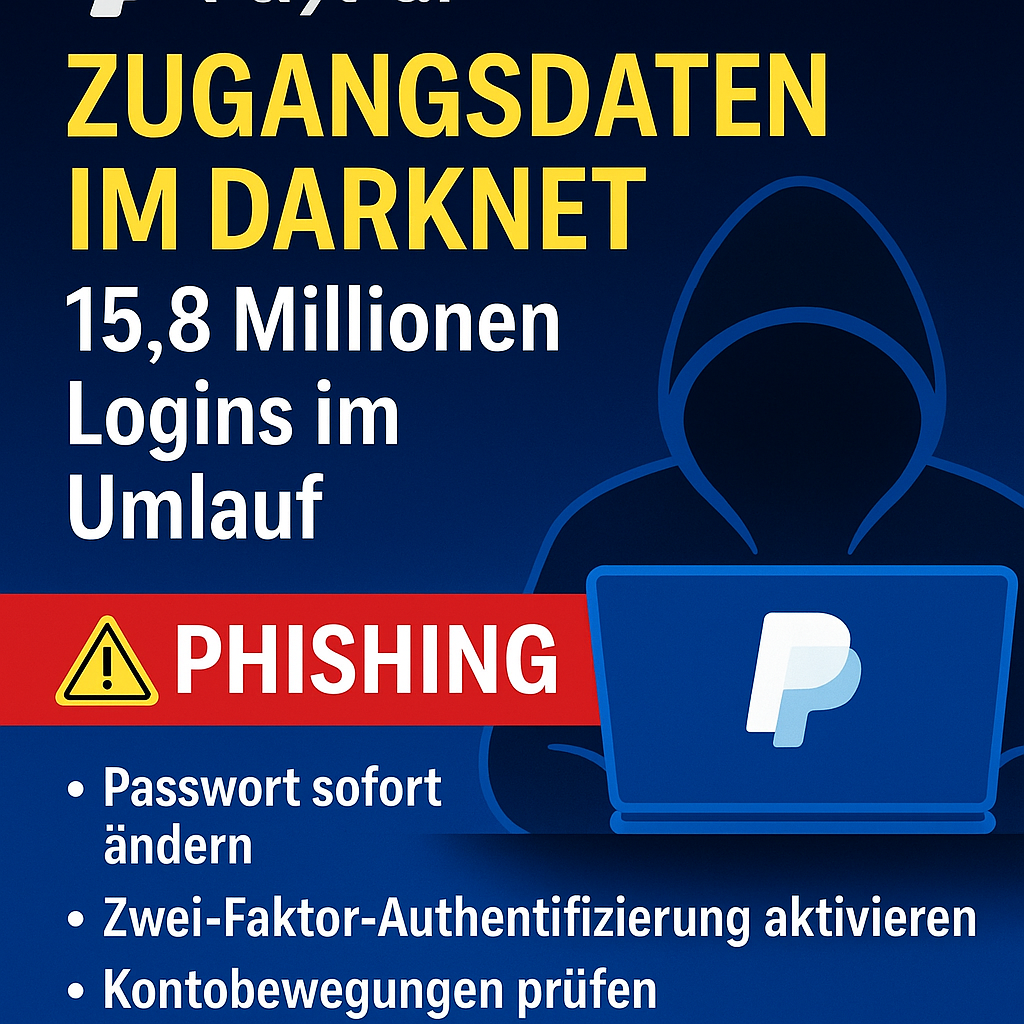 Warnung: 15,8 Millionen PayPal-Zugangsdaten im Darknet entdeckt – Phishing-Gefahr. Tipps: Passwort ändern, 2FA aktivieren, Kontobewegungen prüfen.