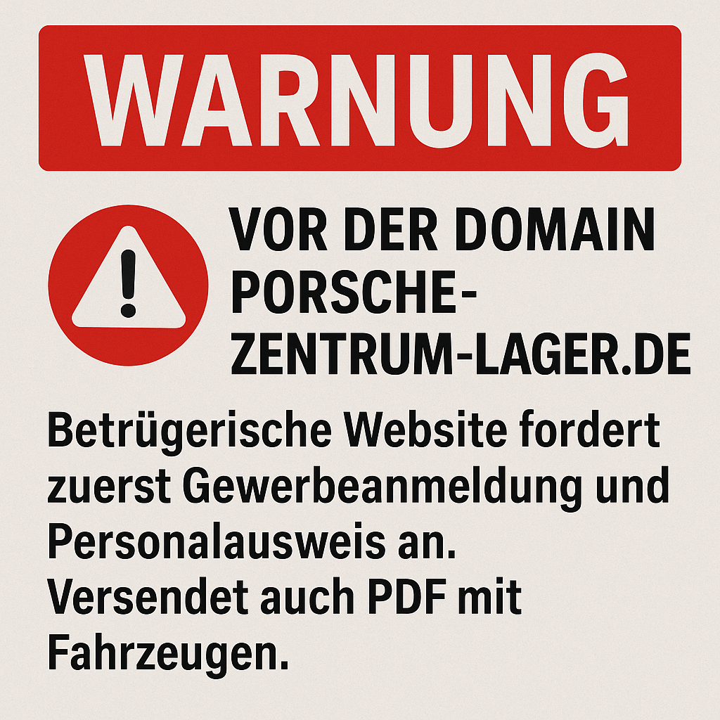 Warnung vor Fake-Webseite porsche-zentrum-lager.de – Betrug mit PDF-Fahrzeuglisten und Ausweisforderung