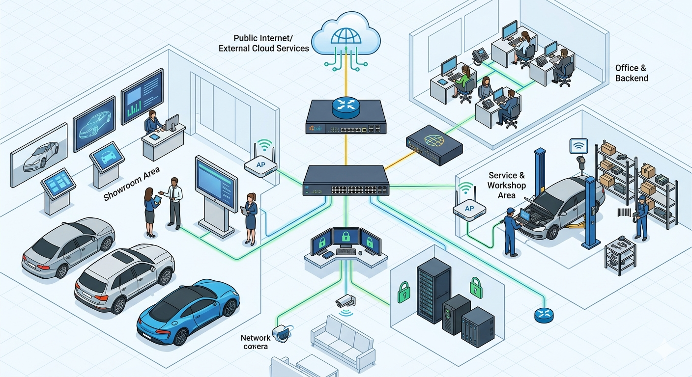 Netzwerkarchitektur eines Volvo-Autohauses: Showroom, Werkstatt, Backoffice